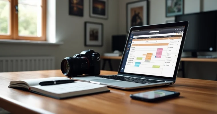 Mesa de trabalho com laptop exibindo agenda digital de fotografia organizada, ao lado câmera profissional, caneta e bloco de anotações