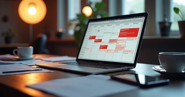 Mesa com laptop e agenda digital confusa exibindo sobreposição de compromissos e notificações de erro