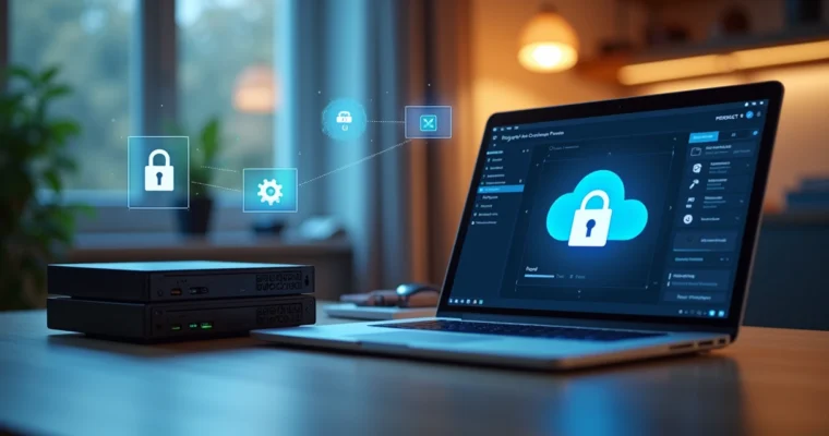 Computador e discos rígidos externos organizados em mesa com ícones de nuvem e cadeado digital ao redor