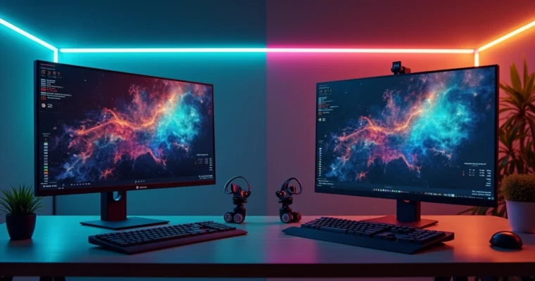 Tela de computador mostrando comparativo entre dois sistemas de gestão para fotógrafos lado a lado, com gráficos e calendários coloridos