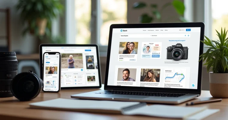 Computadores e dispositivos mostrando diferentes plataformas de marketing digital para fotógrafos em ambiente de trabalho organizado