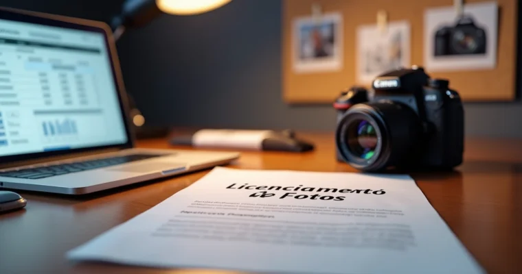 Mesa com contrato de licenciamento de fotos, computador aberto mostrando planilha financeira e câmera fotográfica ao lado