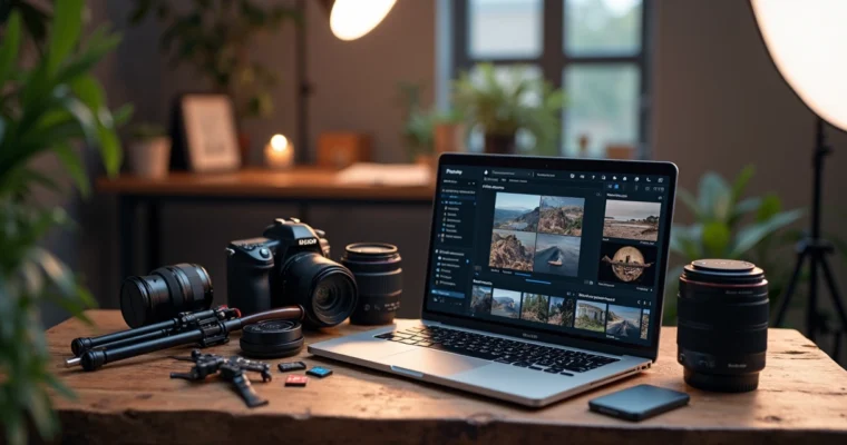 Equipamentos fotográficos modernos sobre mesa de madeira em estúdio com acessórios digitais organizados