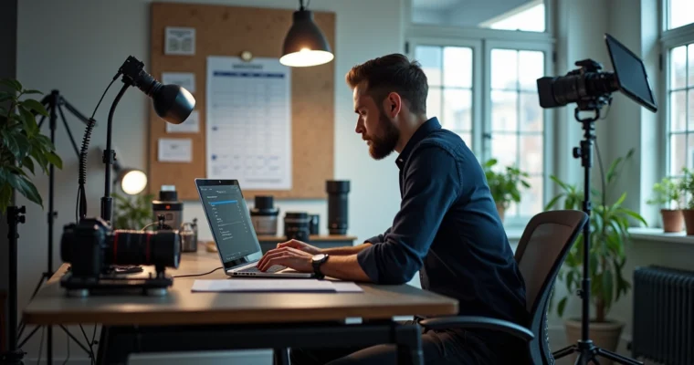 Estúdio fotográfico moderno com fotógrafo organizando a agenda no computador e equipamentos ao redor