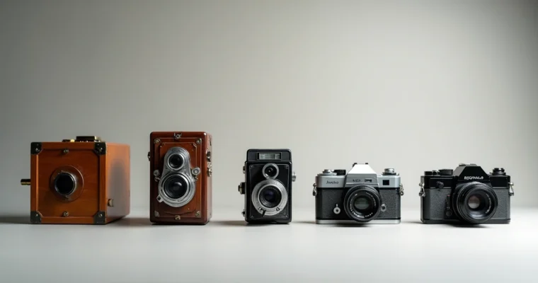 Linha do tempo com câmeras históricas desde a câmera escura até câmeras digitais modernas em fundo neutro