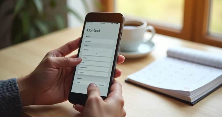 Close-up de uma mão usando smartphone com formulário de contato digital na tela, ao lado um notebook e um café sobre mesa de madeira clara