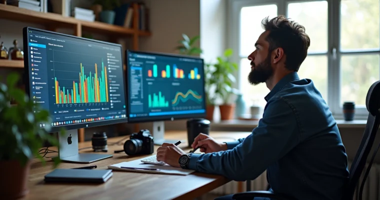 Fotógrafo trabalhando com múltiplas telas mostrando gráficos e tendências digitais