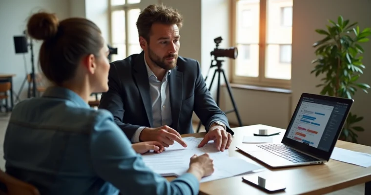 Fotógrafo e cliente discutindo detalhes de sessão de fotos em ambiente moderno de estúdio