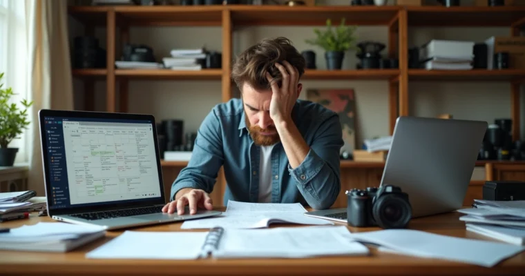 Fotógrafo sentado à mesa cheia de papéis, câmera e laptop desorganizados