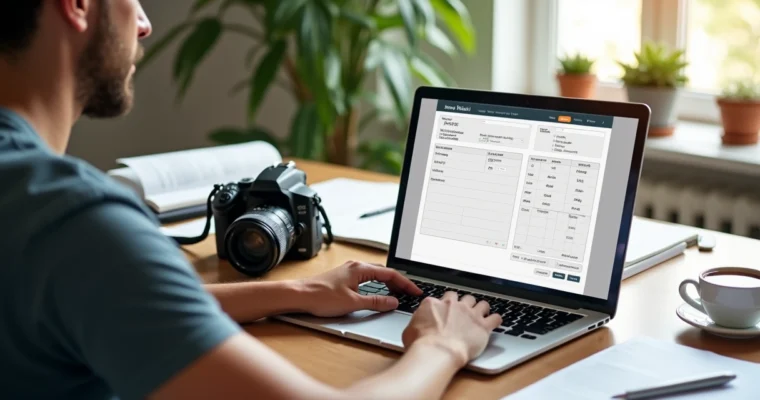 Fotógrafo sentado em mesa com laptop emitindo nota fiscal digital, papéis organizados e câmera fotográfica ao lado