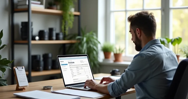 Fotógrafo autônomo emitindo nota fiscal digital no laptop em escritório organizado