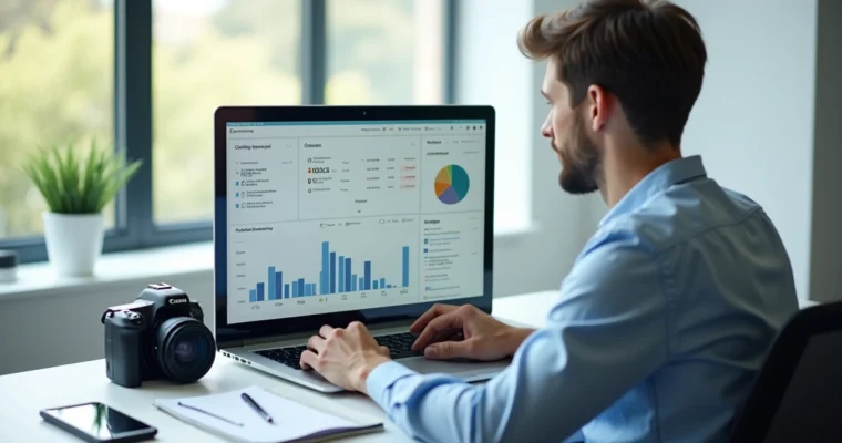 Fotógrafo organizando contratos e agenda em laptop moderno, com gráficos e calendários na tela, ambiente de escritório claro e tecnológico