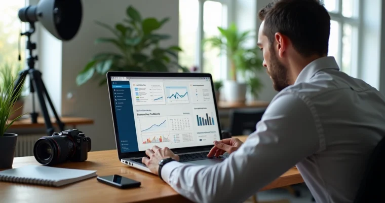 Fotógrafo profissional trabalhando em laptop com tela mostrando sistema de gestão digital e agenda organizada