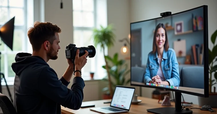 Fotógrafo usando câmera profissional em estúdio com tela de videoconferência ao lado