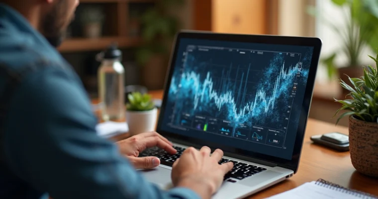 Fotógrafo organizando portfólio online em laptop com fotos planejadas no ambiente de trabalho