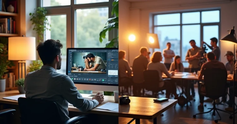 Fotógrafo participando de curso online e workshop presencial em ambientes distintos