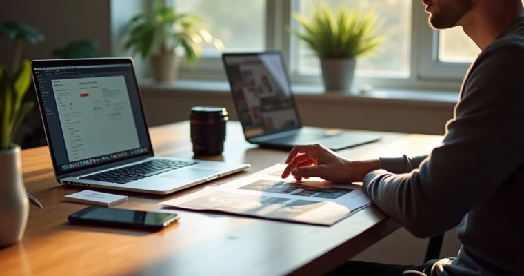 Fotógrafo organizando a agenda e contratos em notebook numa mesa de madeira
