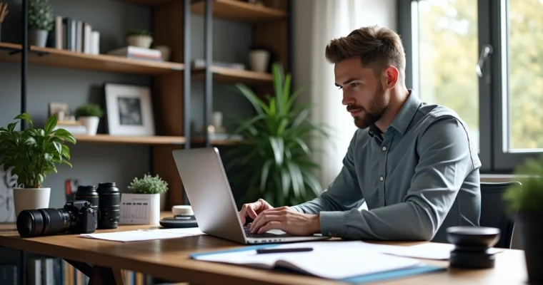 Fotógrafo usando laptop para organizar agenda e contratos em escritório moderno