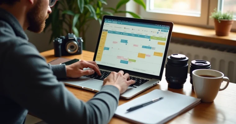 Fotógrafo organizando agenda em laptop com calendário mostrando estações do ano