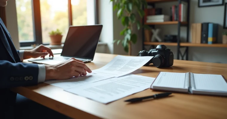 Fotógrafo organizando contratos impressos em mesa de escritório com laptop e agenda