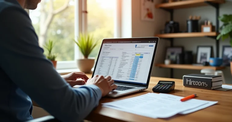 Fotógrafo organizando finanças e contratos em laptop com anotações ao redor