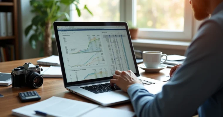 Fotógrafo revisando planilhas financeiras no laptop com anotações e calculadora sobre mesa de madeira