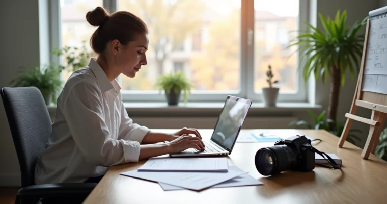 Fotógrafo sentado à mesa organizando orçamento em laptop com contrato, notas e câmera ao lado