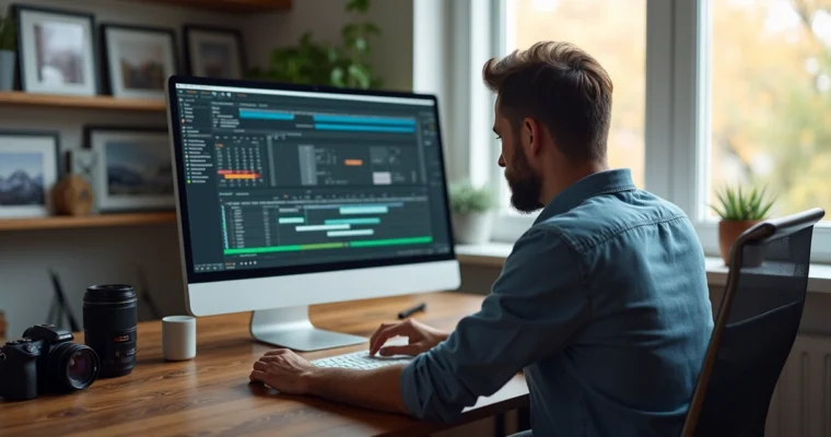 Fotógrafo sentado à mesa com computador, organizando pedidos de edição e agenda no escritório