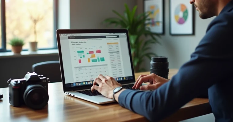 Fotógrafo organizando finanças e agenda digital em laptop com calendário e gráficos financeiros na tela