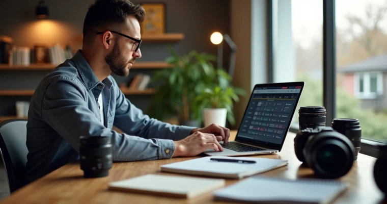 Fotógrafo sentado em mesa com laptop aberto, usando software de gerenciamento de fotos, câmeras profissionais e anotações ao redor