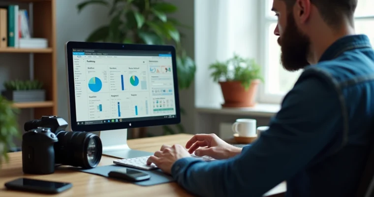 Fotógrafo trocando de software em um laptop moderno, com tela mostrando gráficos e organização de tarefas