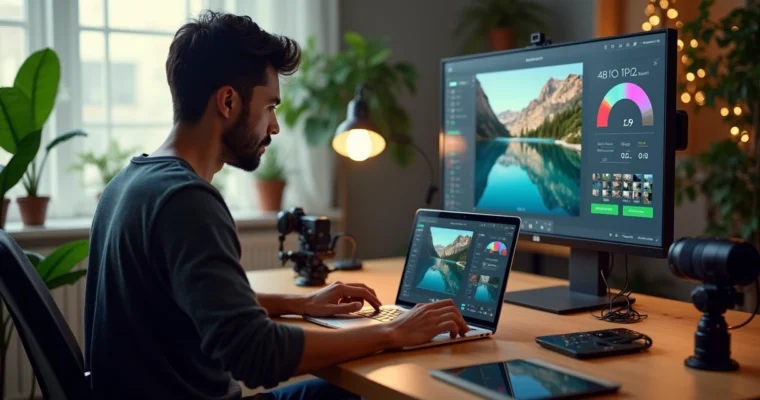Fotógrafo profissional usando computador e tablet com imagens e gráficos de inteligência artificial na tela