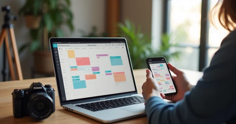 Fotógrafo usando laptop e smartphone para gerenciar agenda digital com múltiplos compromissos e confirmações automáticas