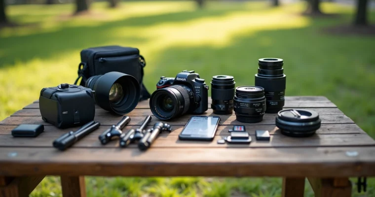 Kit de equipamentos fotográficos organizados para sessão externa em mesa de madeira