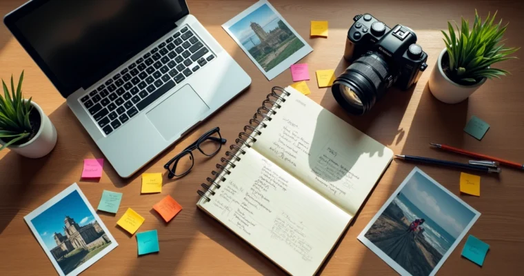 Mesa organizada com laptop, câmera, cadernos e fotos impressas de referências fotográficas