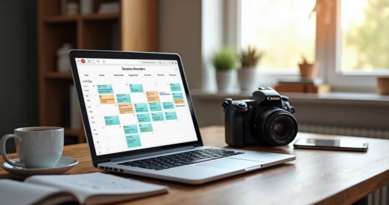 Agenda digital aberta em tela de computador mostrando lembretes de sessões fotográficas organizados por data e hora