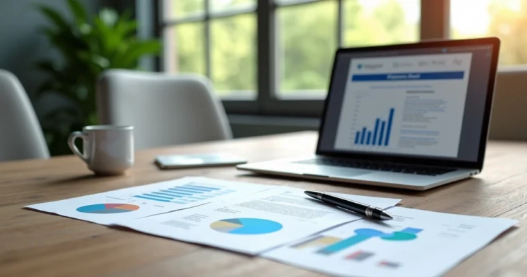 Mesa de reunião com laptop, papéis de proposta, caneta e copo de café em ambiente corporativo moderno