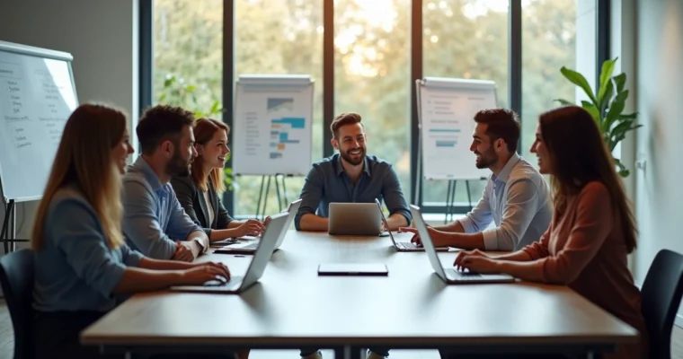 Reunião de negócios entre profissionais discutindo parceria em ambiente moderno e iluminado