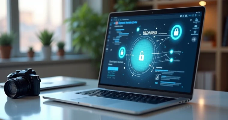 Computador aberto mostrando software de gerenciamento com dados protegidos, teclas de segurança e cadeado digital em destaque