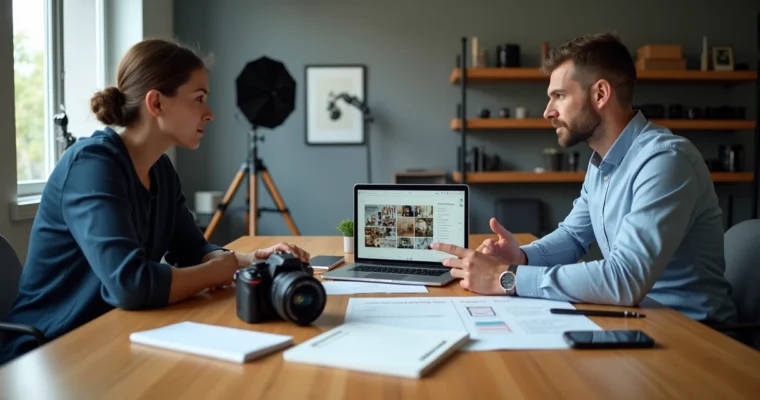 Fotógrafo e cliente criando briefing fotográfico em reunião de mesa