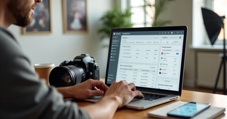 Fotógrafo usando notebook para acompanhar leads de clientes de fotografia
