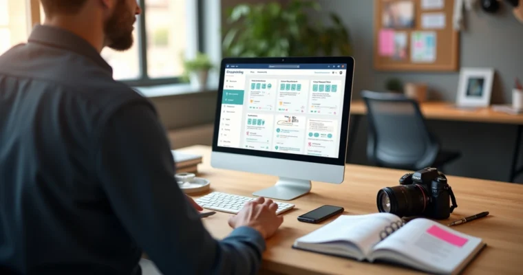 Fotógrafo analisando feedbacks de clientes em laptop com anotações organizadas na mesa