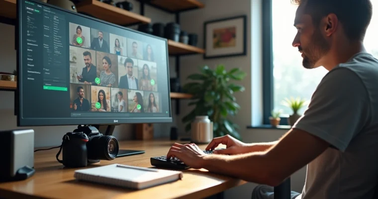 Fotógrafo analisando fotos em tela com ícones de automação e check de aprovação