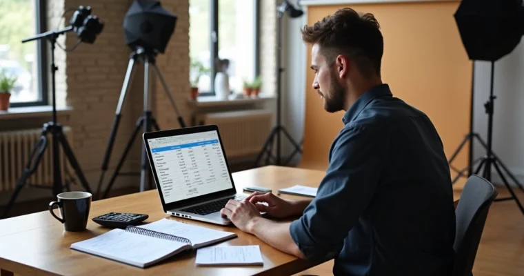 Fotógrafo calculando custos fixos em estúdio com notebook e planilha
