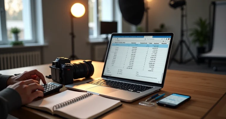 Fotógrafo em estúdio calculando valor por hora com laptop e câmera