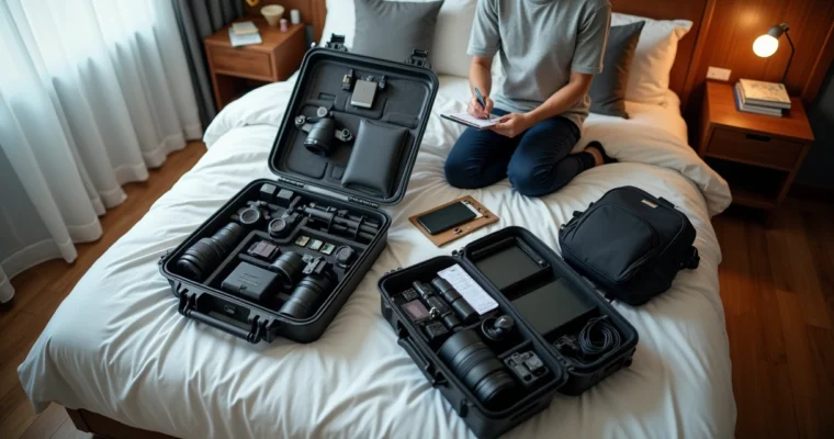 Fotógrafo organizando equipamentos de câmera em mala de viagem sobre a cama