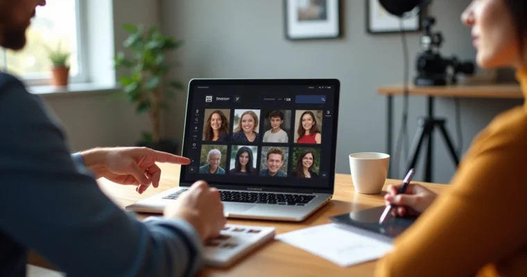 Fotógrafo mostrando seleção de fotos em laptop para cliente em estúdio moderno