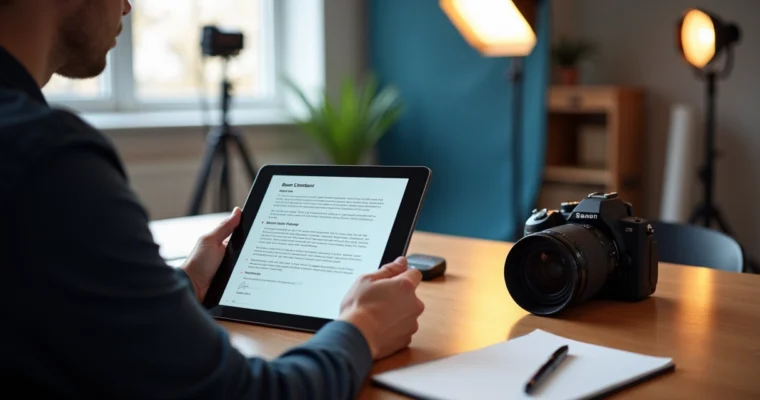 Fotógrafo revisando contrato digital em tablet ao lado de câmera profissional