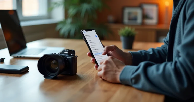 Fotógrafo editando workflow em aplicativo no celular