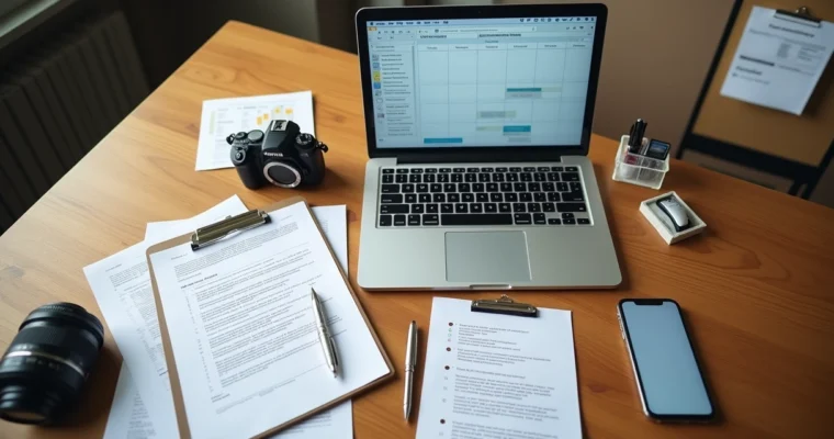 Fotógrafo de eventos organizando checklist burocrático em mesa de trabalho